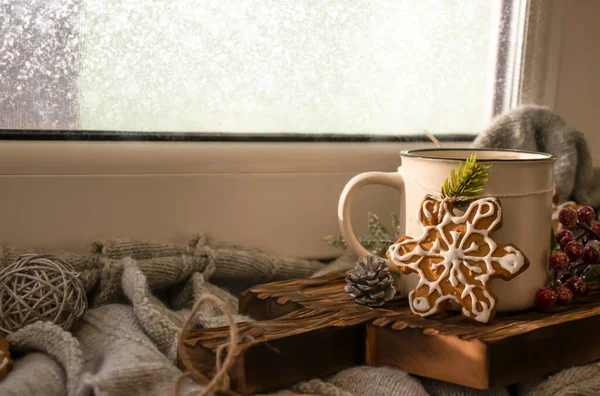 Delicious Christmas Cookies Coffee Cup Branch — Fotografia de Stock