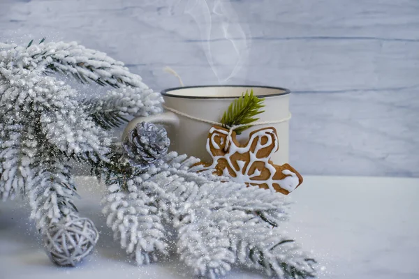 Delicious Christmas Cookies Coffee Cup Branch — Stock Photo, Image