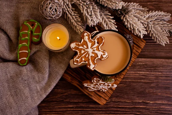 Delicious Christmas Cookies Coffee Cup Branch — Fotografia de Stock
