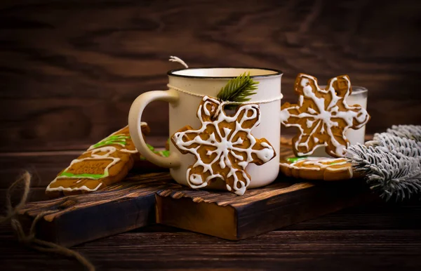 Delicious Christmas Cookies Coffee Cup Branch — Fotografia de Stock