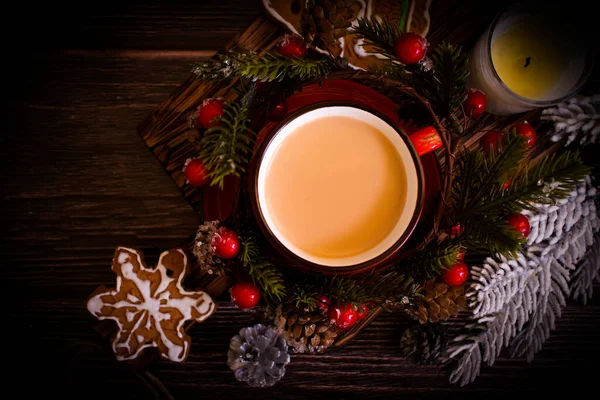 Delicious Christmas Cookies Coffee Cup Branch — Fotografia de Stock