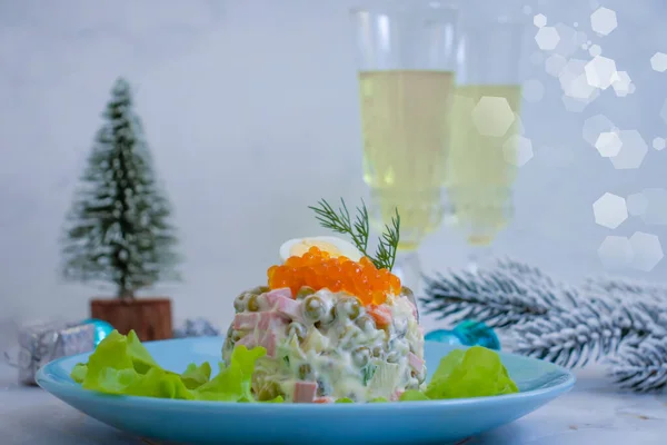 Salad Olivier Red Caviar Festive Background — Stock Photo, Image