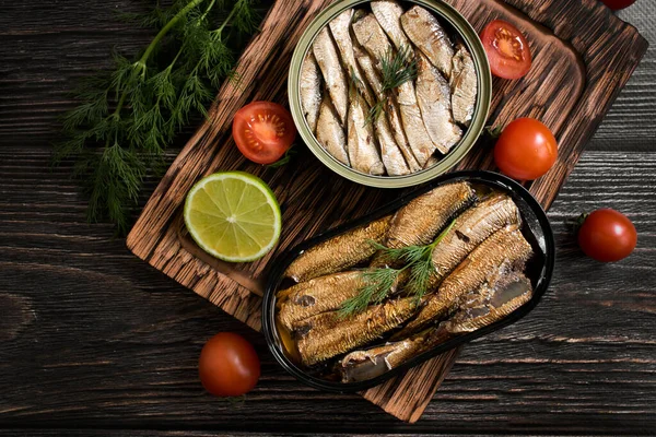 Sprats Can Fresh Dill Wooden Background — Photo