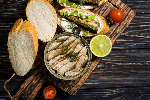 Sprats Can Fresh Dill Wooden Background — Photo