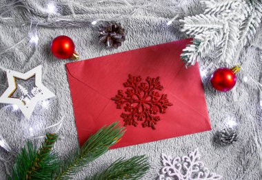 envelope, christmas tree branch, alarm clock christmas background