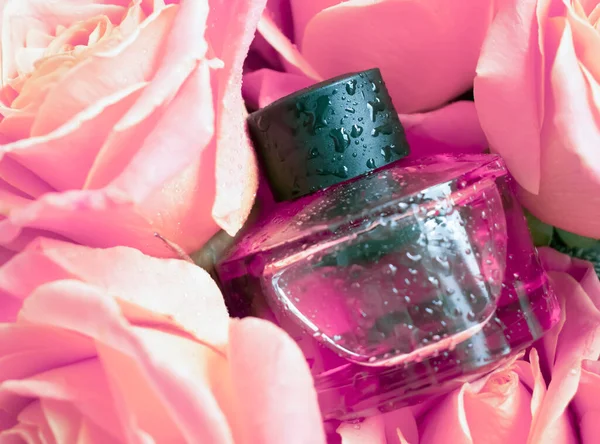 Botella Perfume Flor Rosa Hermoso Fondo — Foto de Stock