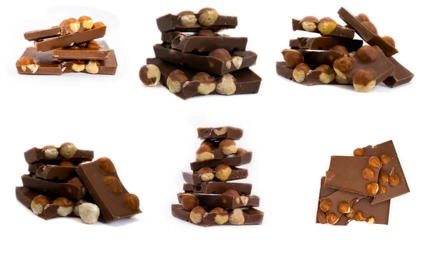 Morceaux Chocolat Aux Noisettes Sur Fond Blanc — Photo