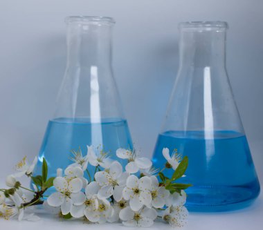 Laboratuvar şişesi, arka planda kiraz çiçekleri.