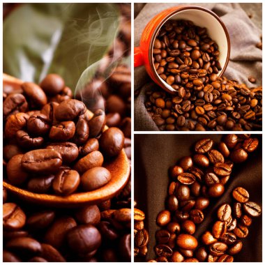 Bir fincan kahve, arka planda kahve çekirdekleri.