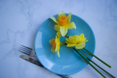 Hafif arka planda narsisli çiçek tabağı