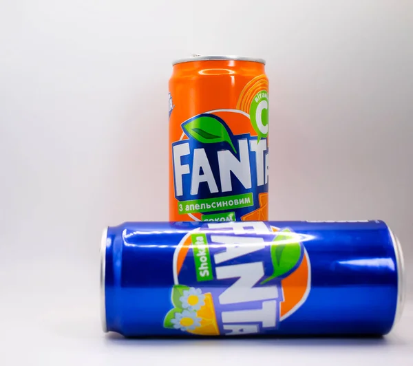 April 2022 Ukraine City Kyiv Fanta Iron Can Light Background — Zdjęcie stockowe