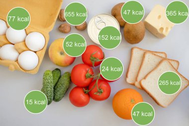 different food, vegetables and fruits with calorie indication