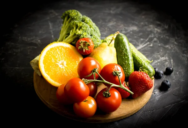 Fresh Organic Vegetables Fruits Old Background — Stock Photo, Image