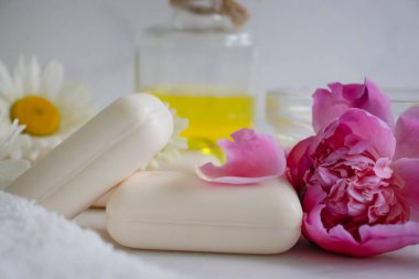 Sabun kozmetik çiçeği papatya çayı, hafif arka planda şakayık.