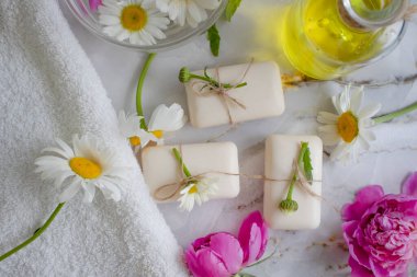 Sabun kozmetik çiçeği papatya çayı, hafif arka planda şakayık.