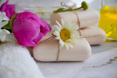 Sabun kozmetik çiçeği papatya çayı, hafif arka planda şakayık.