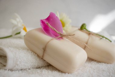 Sabun kozmetik çiçeği papatya çayı, hafif arka planda şakayık.