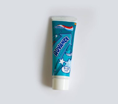 July 7, 2022 Ukraine city Kyiv children's toothpaste from the Aquafresh company on a colored background