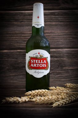 22 Haziran 2022 Ukrayna şehri Kyiv, bir şişe Stella Artois birası, eski arka planda kulak.