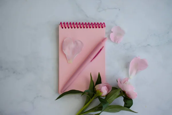 Notepad, pen, peony flower on a light background