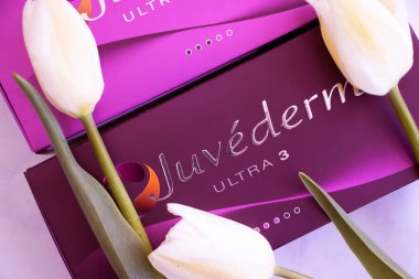 May 4 May 2022 Ukraine city Kyiv box of filler Juviderm, tulip flower