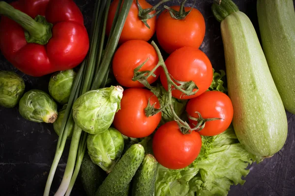Fresh Different Vegetables Dark Background — Fotografia de Stock