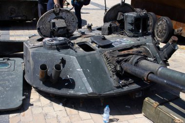 June 19, 2022 Ukraine city Kyiv exhibition of broken Russian tanks in the city center