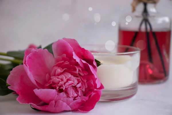Perfume Home Candle Peony Flower Light Background — Fotografia de Stock