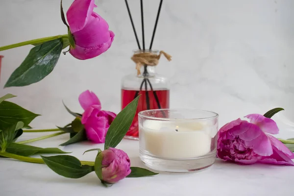 Perfume Home Candle Peony Flower Light Background — Foto de Stock