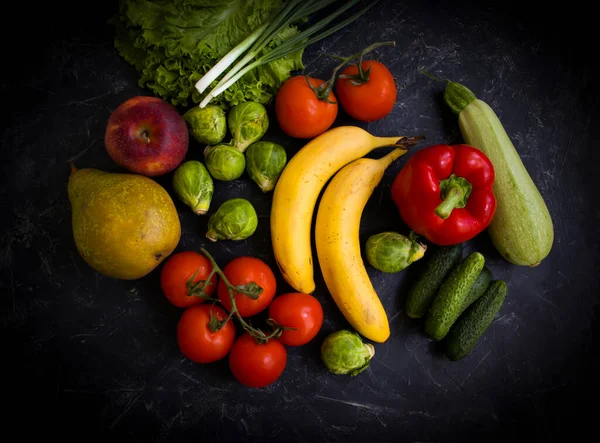 Different Vegetables Fruits Dark Background — Stock Fotó