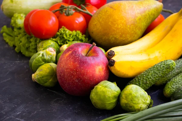Different Vegetables Fruits Dark Background — Stock Photo, Image