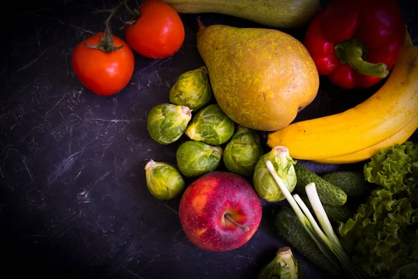 Different Vegetables Fruits Dark Background — Fotografia de Stock