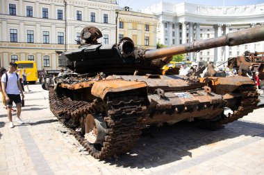 June 19, 2022 Ukraine city Kyiv exhibition of broken Russian equipment on the main street