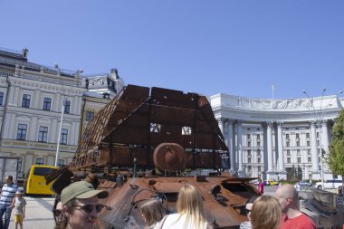 June 19, 2022 Ukraine city Kyiv exhibition of broken Russian equipment on the main street