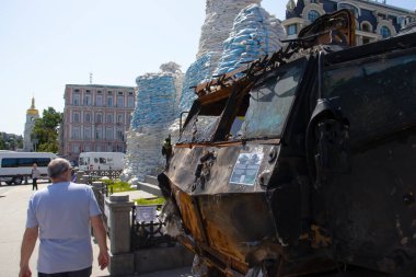 June 19, 2022 Ukraine city Kyiv exhibition of broken Russian equipment on the main street