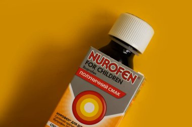 June 4, 2022 Ukraine city Kyiv Nurofen syrup for children on a colored background