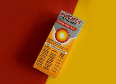 June 4, 2022 Ukraine city Kyiv Nurofen syrup for children on a colored background