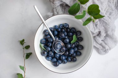 Plate with fresh blueberries on a light background