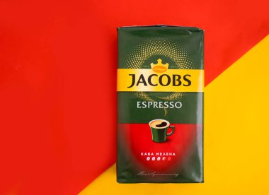 June 16, 2022 Ukraine city Kyiv Jacobs coffee packaging on a colored background