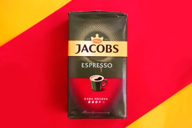 June 16, 2022 Ukraine city Kyiv Jacobs coffee packaging on a colored background