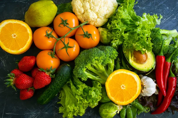 Different Vegetables Fruits Dark Background Stock Photo