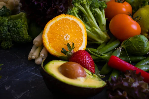 Different Vegetables Fruits Dark Background — Stock Photo, Image