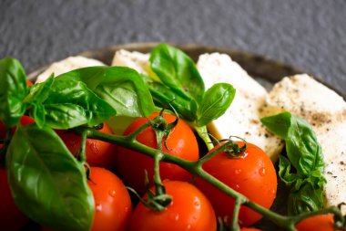 Mozzarella cheese, tomato, basil on a dark background