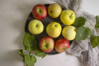 Fresh apples with leaves on a light background