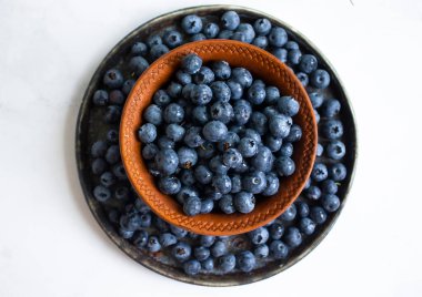 Fresh blueberries in a plate on a light background