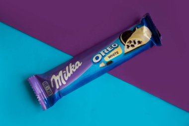 August 13, 2022 Ukraine city Kyiv Milka Oreo chocolate bar on a colored background