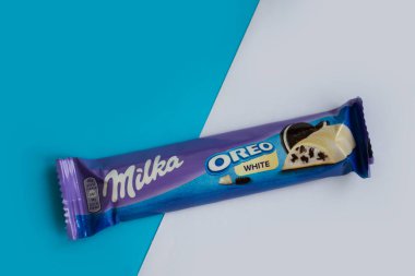 August 13, 2022 Ukraine city Kyiv Milka Oreo chocolate bar on a colored background