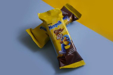 September 31, 2022 Ukraine city Kyiv Nesquik chocolate bar from Nestle on a colored background