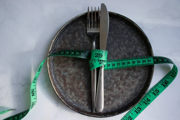 Empty Plate Fork Knife Measuring Tape — Stockfoto