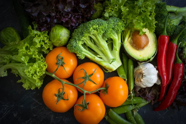 Fresh Vegetables Fruits Dark Background — Stock Photo, Image